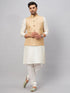 Vastramay Men's Beige Matka Silk Nehru Jacket With Cream Silk Blend Kurta Pyjama Set